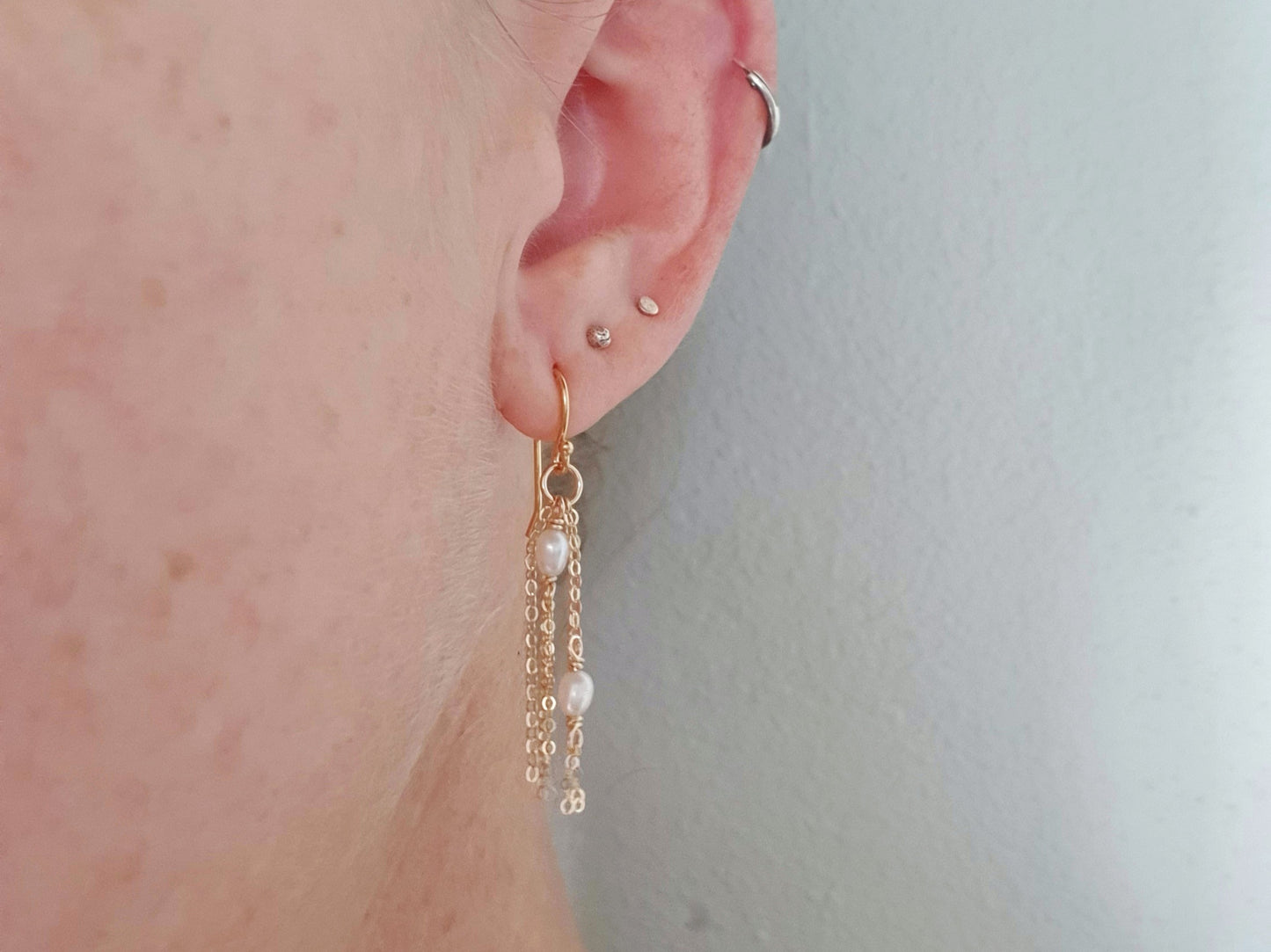 Gold filled Pearl and Chain Earrings