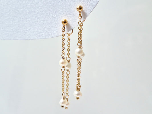 Gold Filled Double Drop Pearl Earrings