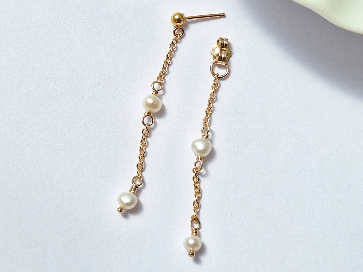 Gold Filled Double Drop Pearl Earrings