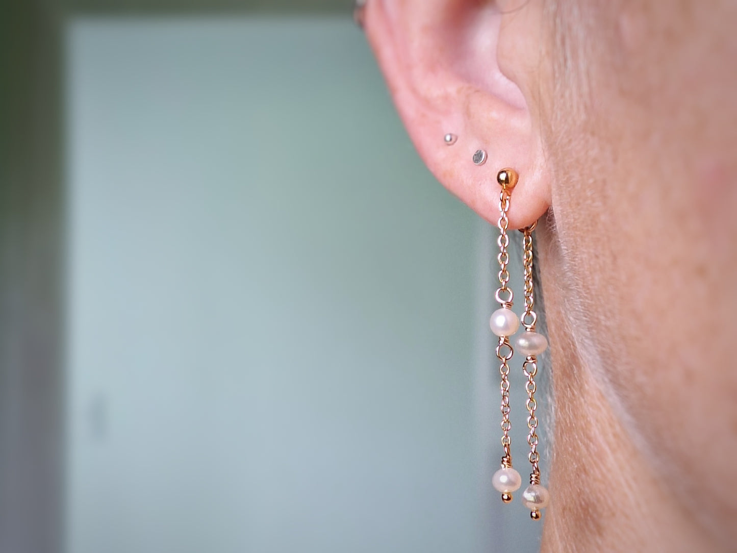 Gold Filled Double Drop Pearl Earrings