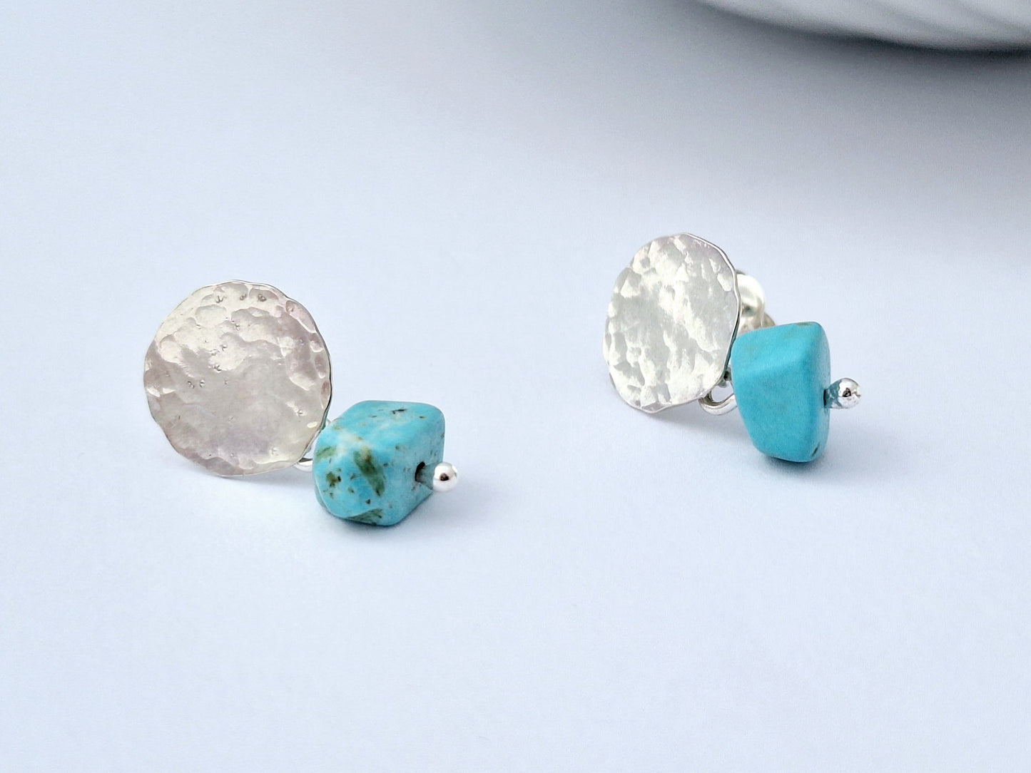 Blue Droplet Hammered Disk Earrings