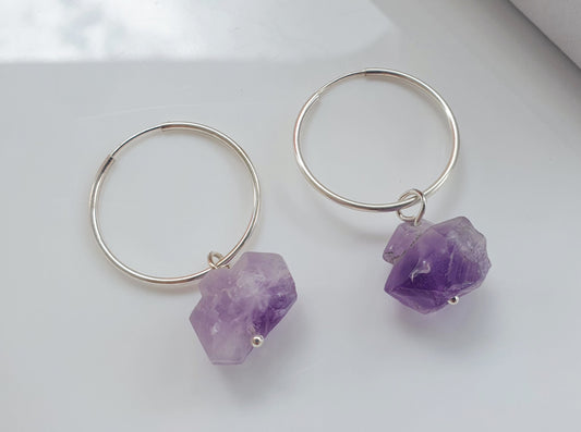 Raw Amethyst Hoops